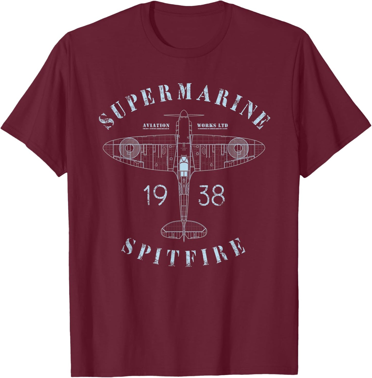 Spitfire Aircraft Blueprint | WW2 Supermarine Fighter Plane T-Shirt - T-Shirt | Maroon