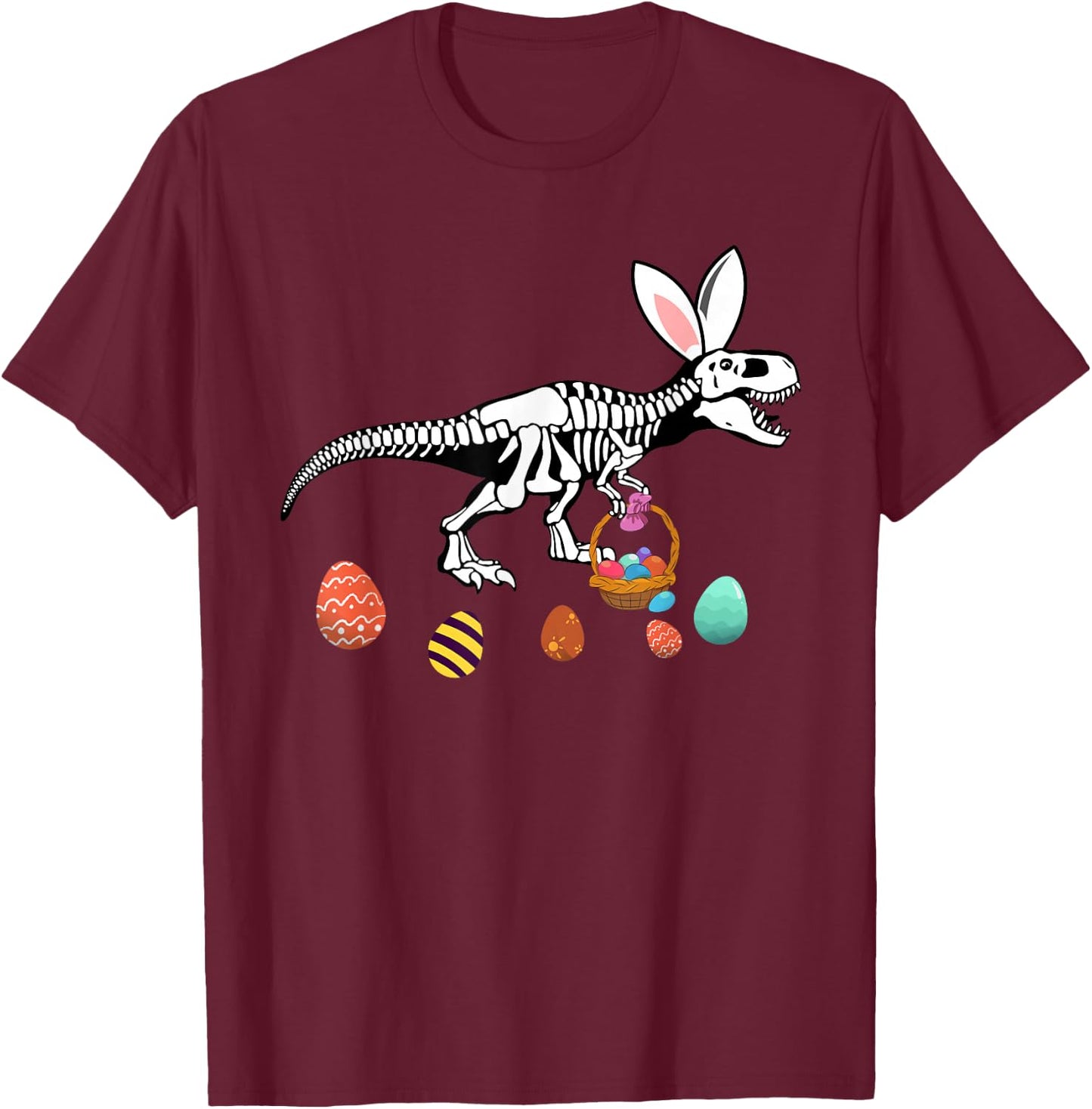 Funny T Rex Easter Skeleton Bunny Basket Egg Hunt Easter Day T-Shirt - T-Shirt | Maroon