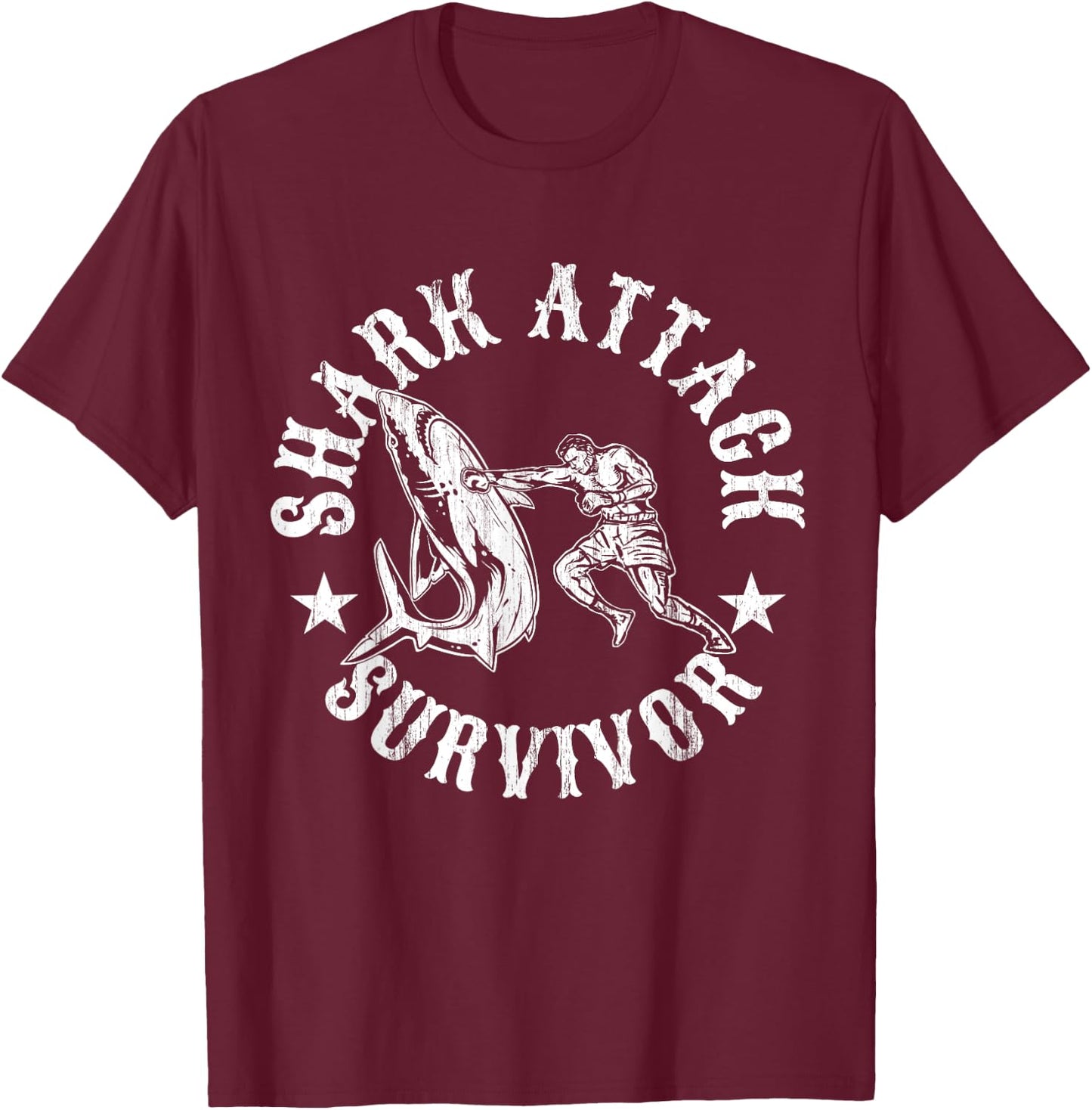 Shark Attack Survivor Distressed Vintage Bite T-Shirt - T-Shirt | Maroon