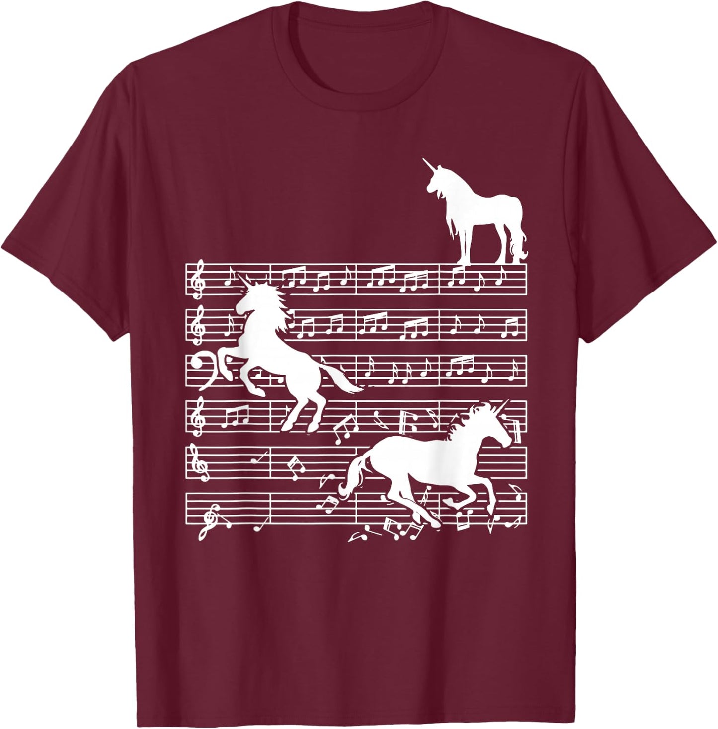 Music Notes with Unicorn on Music Sheet - Music Teacher T-Shirt - T-Shirt | Maroon