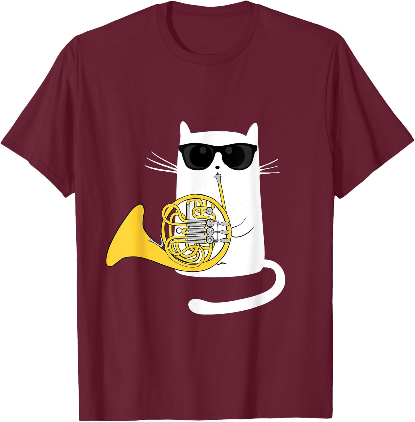 Funny Jazz Cat Wearing Sunglasses Playing French Horn Men Women Girls Kids T-Shirt - T-Shirt | Maroon