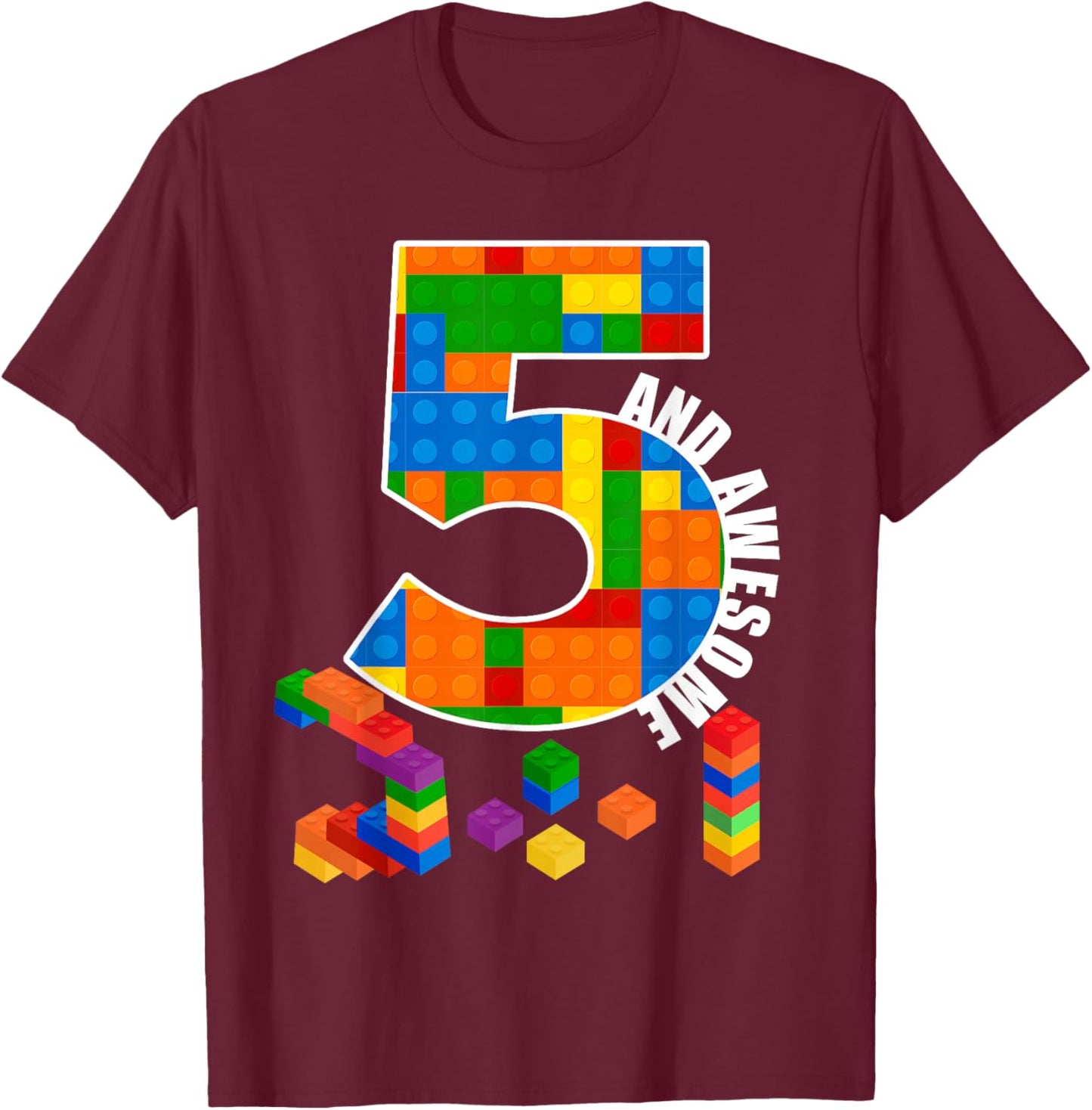 Building Blocks Bricks 5 Year Old Awesome Birthday Boy T-Shirt - T-Shirt | Maroon