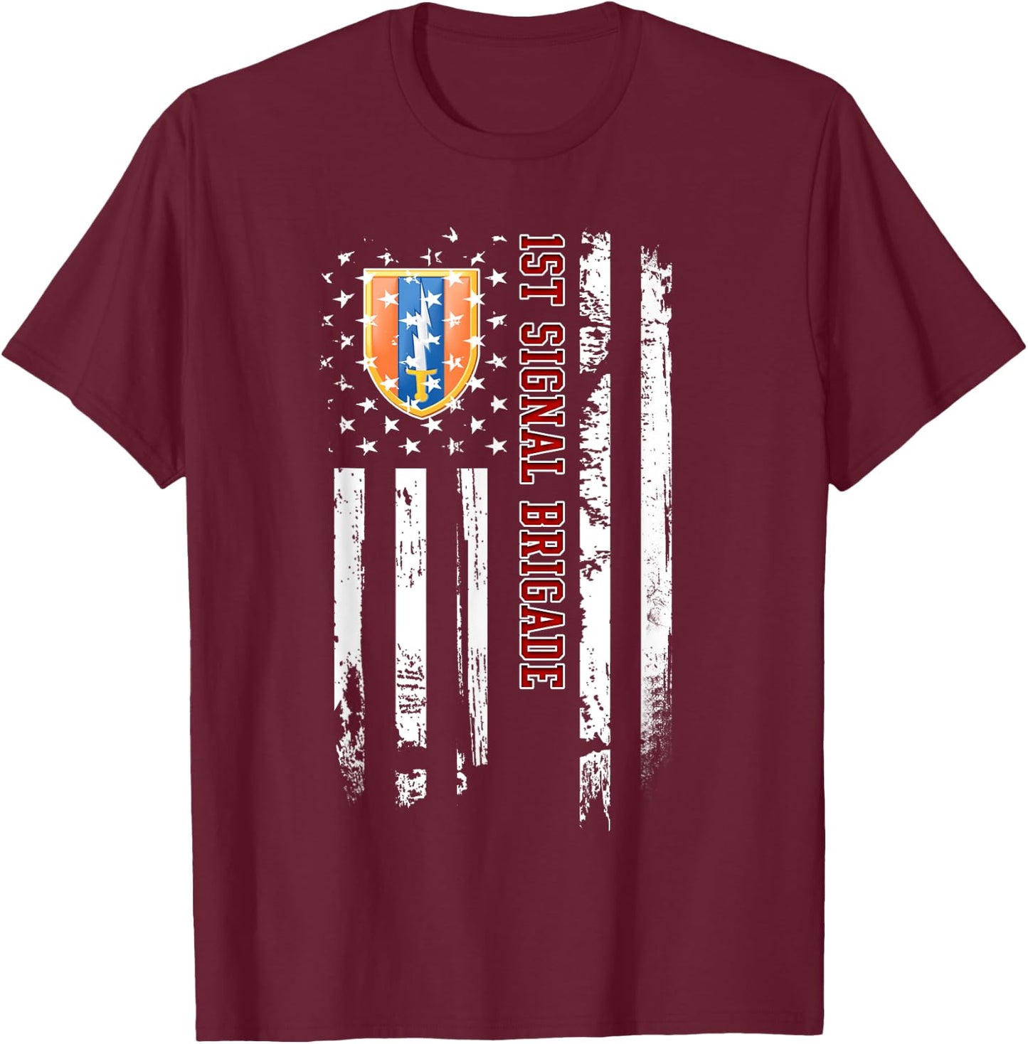 1st Signal Brigade Veteran American Flag Veterans Day Xmas T-Shirt - T-Shirt | Maroon