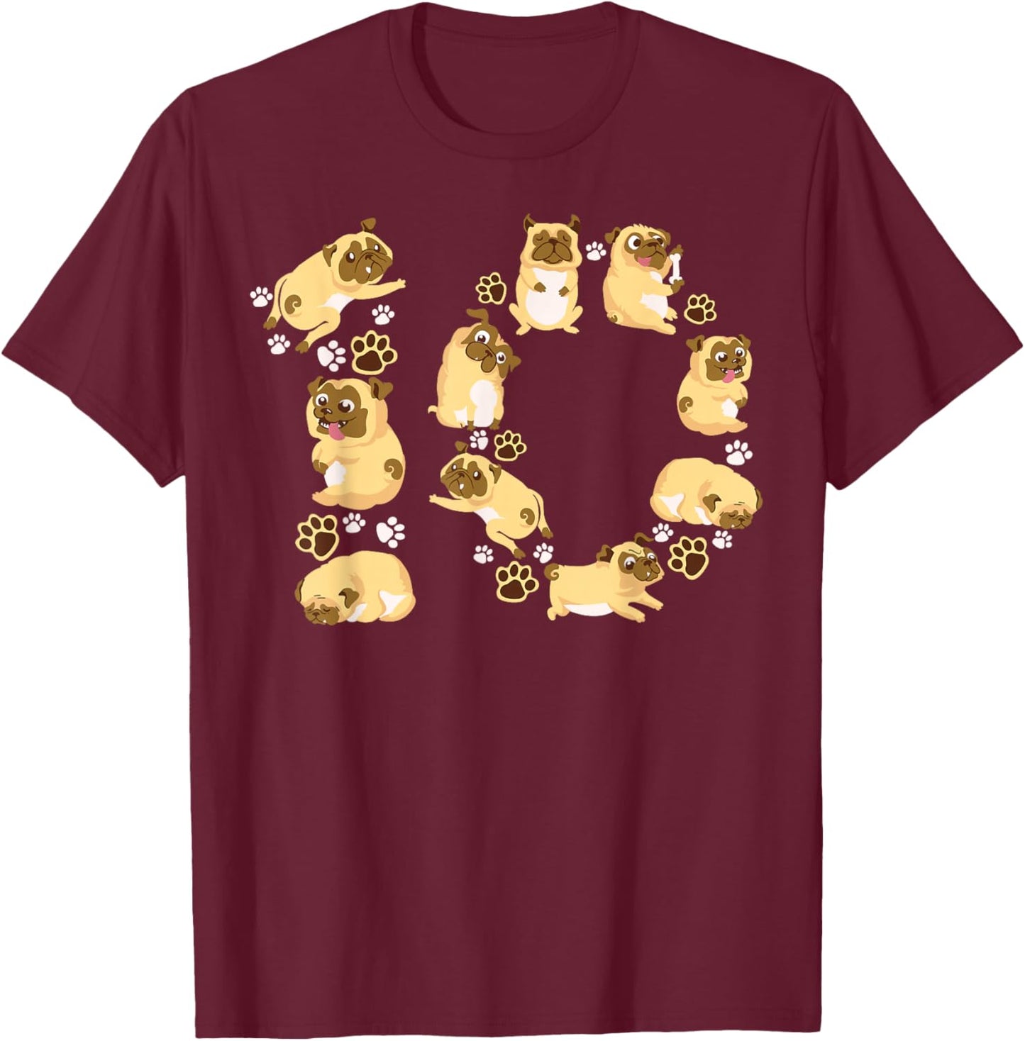 Cute Dog 10th Birthday Gift | Cool 10 Years Old Pug Boy Girl T-Shirt - T-Shirt | Maroon
