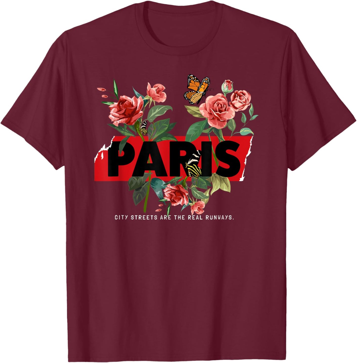 Floral Paris France With Butterflies Fashion Runway Graphic T-Shirt - T-Shirt | Maroon