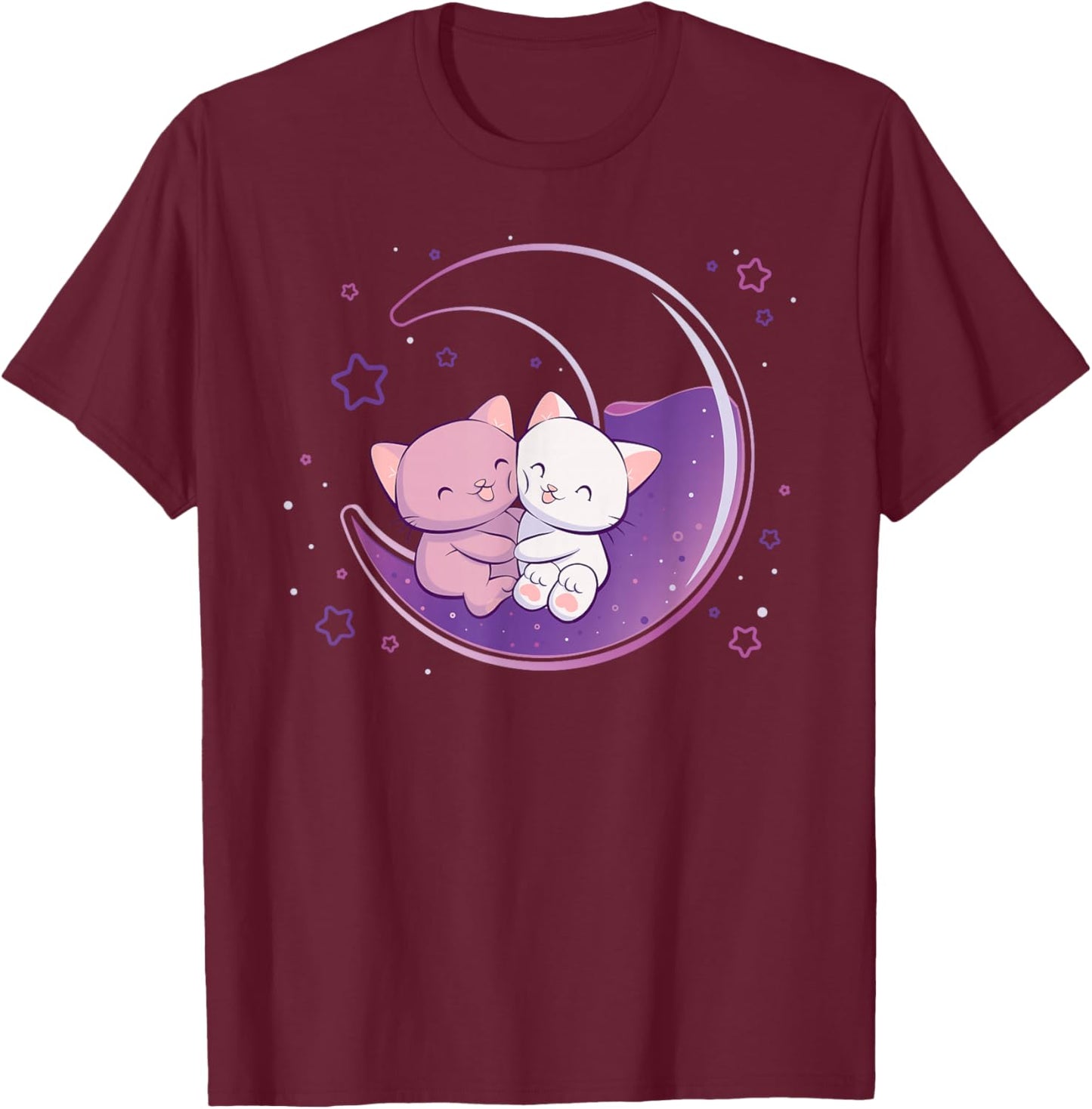 Cute Cats on Purple Moon Kawaii Anime T-Shirt - T-Shirt | Maroon