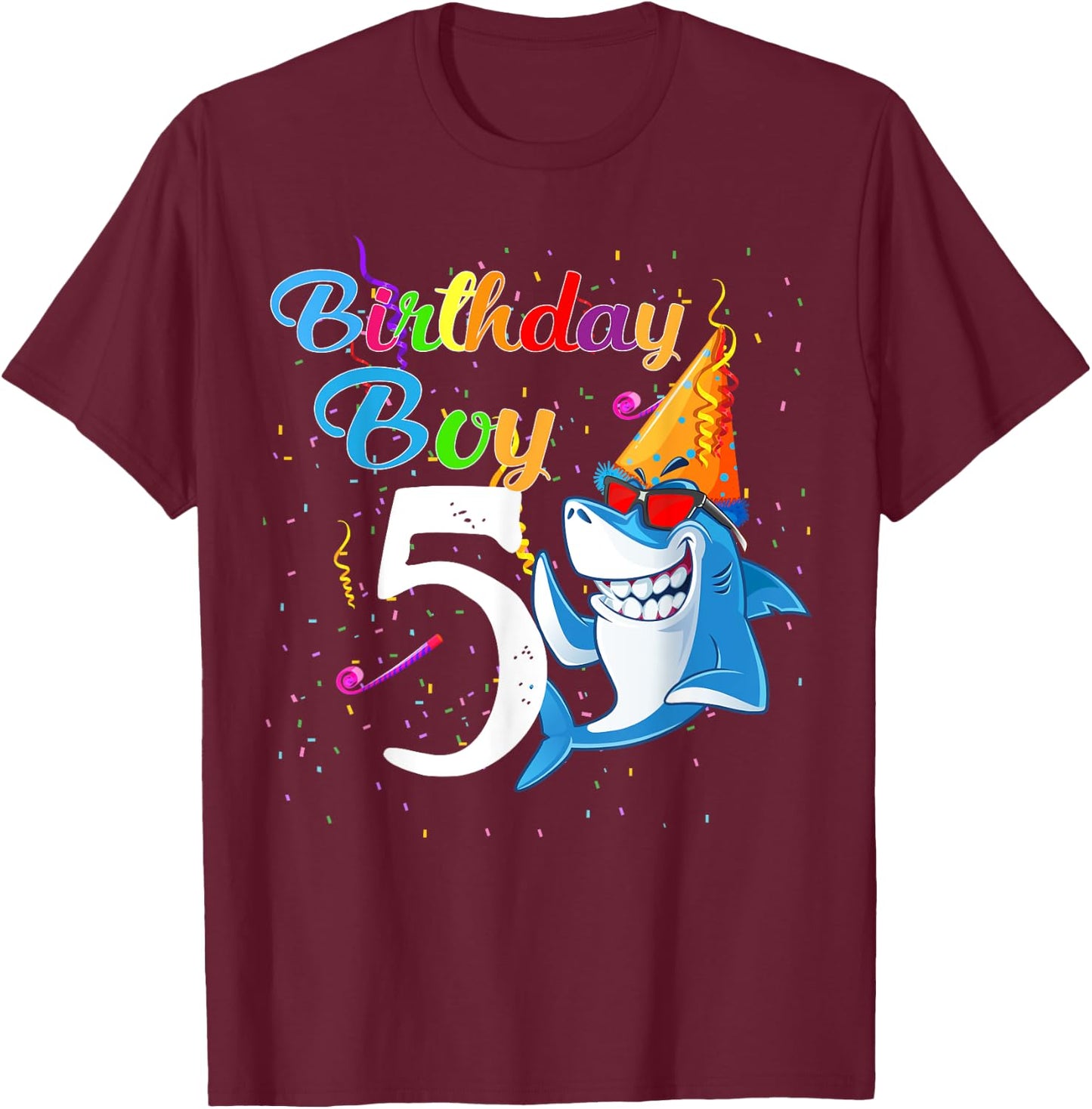 5th Birthday Boy Shark - 5 Year Old Boy Birthday T-Shirt - T-Shirt | Maroon