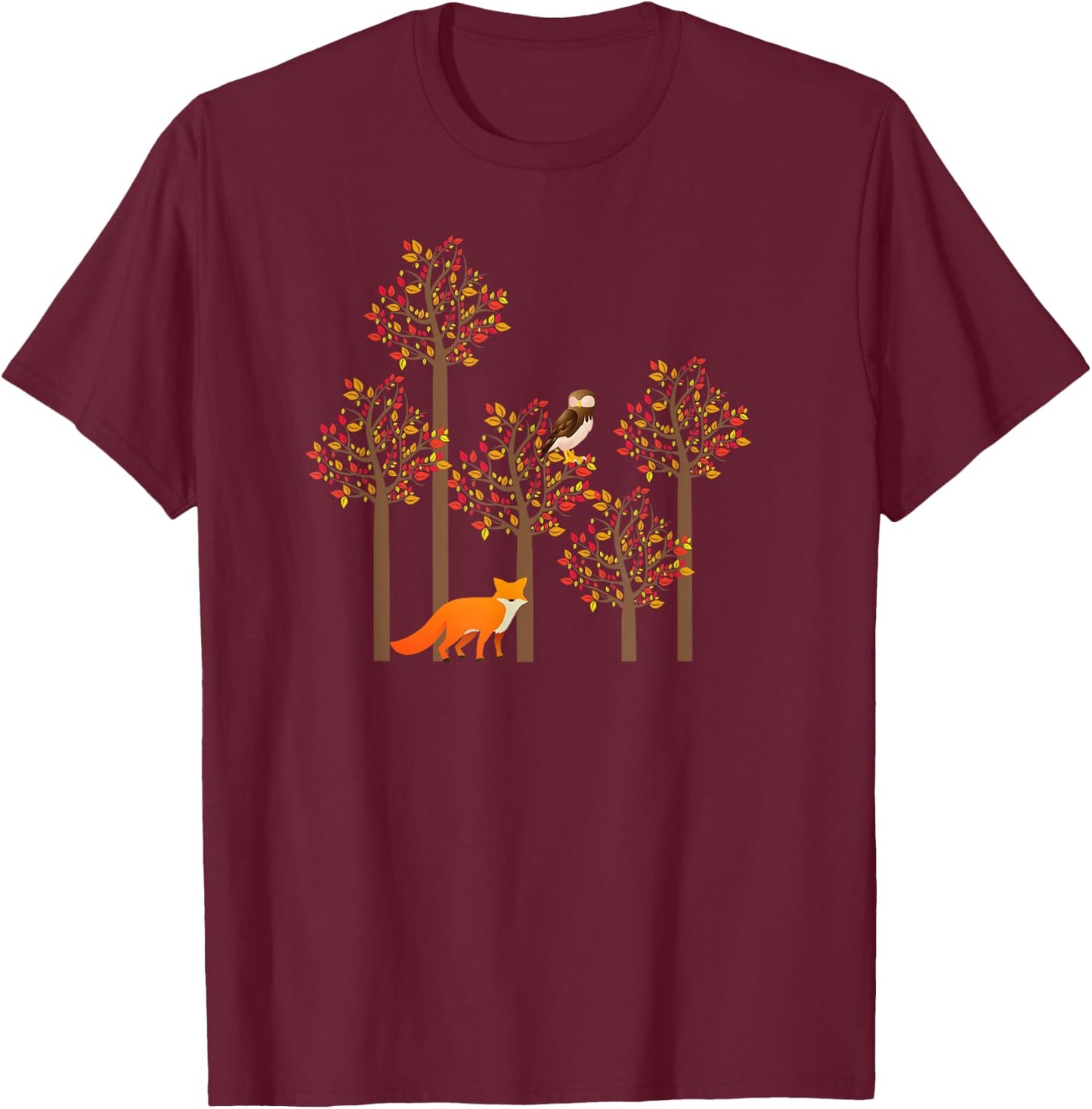 Fox and Owl Fall Leaves Cute Animal Autumn Fall Design T-Shirt - T-Shirt | Maroon