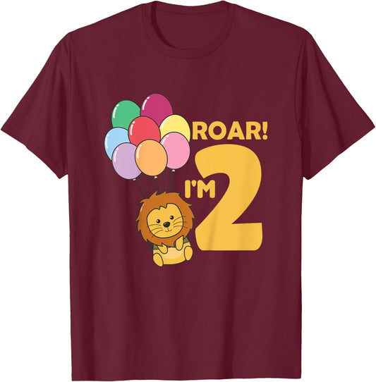 Kids Children 2nd Birthday Lion 2 Years Old Boy Lion Animal King T-Shirt - T-Shirt | Maroon