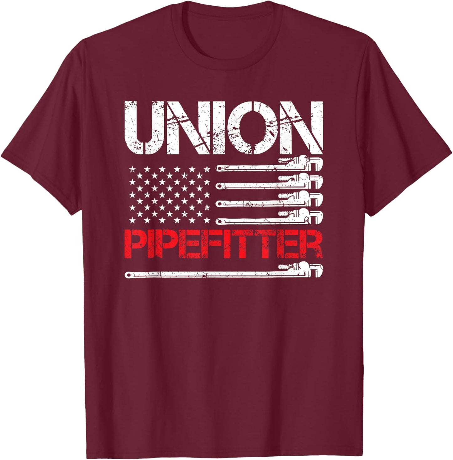 Union Pipefitter Union Strong USA American Flag Steamfitter T-Shirt - T-Shirt | Maroon