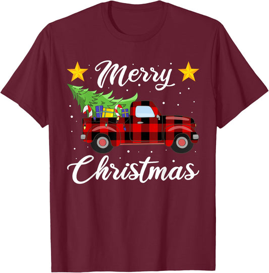 Christmas Buffalo Plaid Sweater, Red Truck Tree Pajama T-Shirt - T-Shirt | Maroon