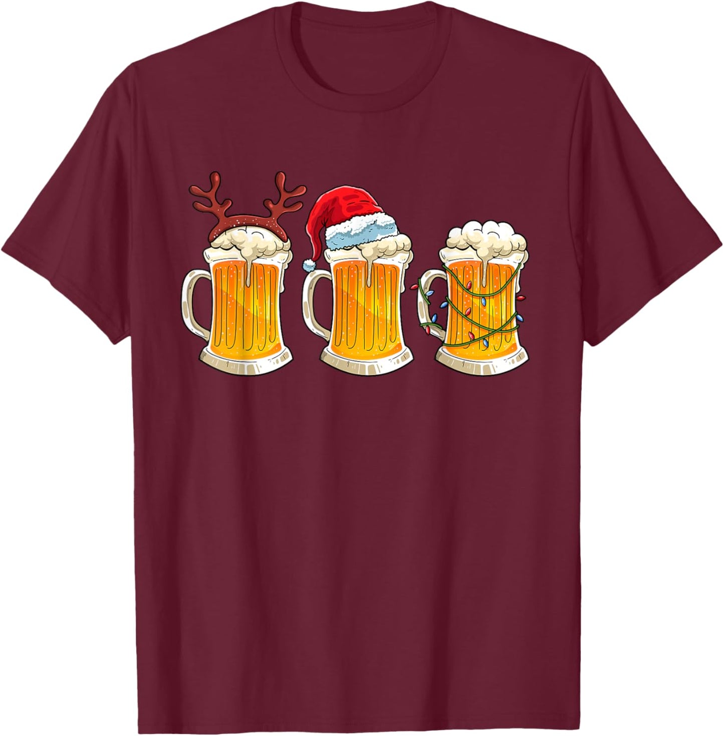 Beer Christmas Mug Santa Hat Reinbeer Xmas Lights Men Gift T-Shirt - T-Shirt | Maroon