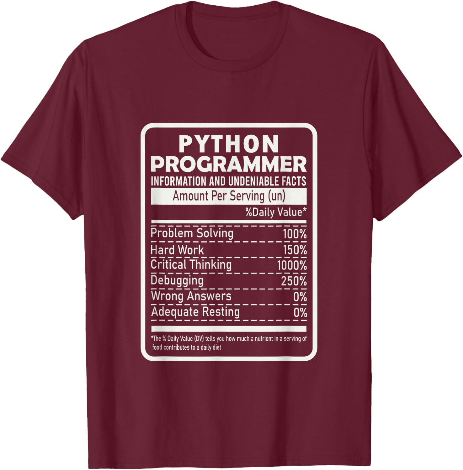 Funny Python Programmer Nutritional Facts Python Programming T-Shirt - T-Shirt | Maroon
