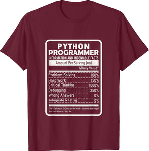 Funny Python Programmer Nutritional Facts Python Programming T-Shirt - T-Shirt | Maroon