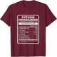 Funny Python Programmer Nutritional Facts Python Programming T-Shirt - T-Shirt | Maroon