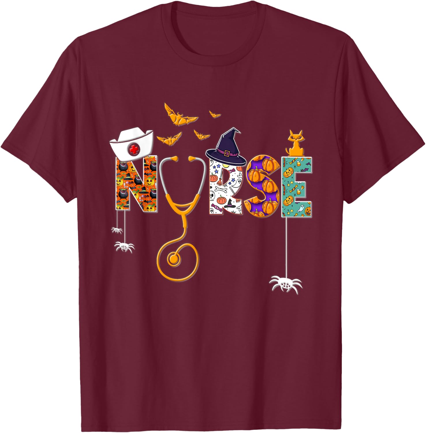 Halloween Nurse Nursing Cute Health Worker Halloween Pattern T-Shirt - T-Shirt | Maroon