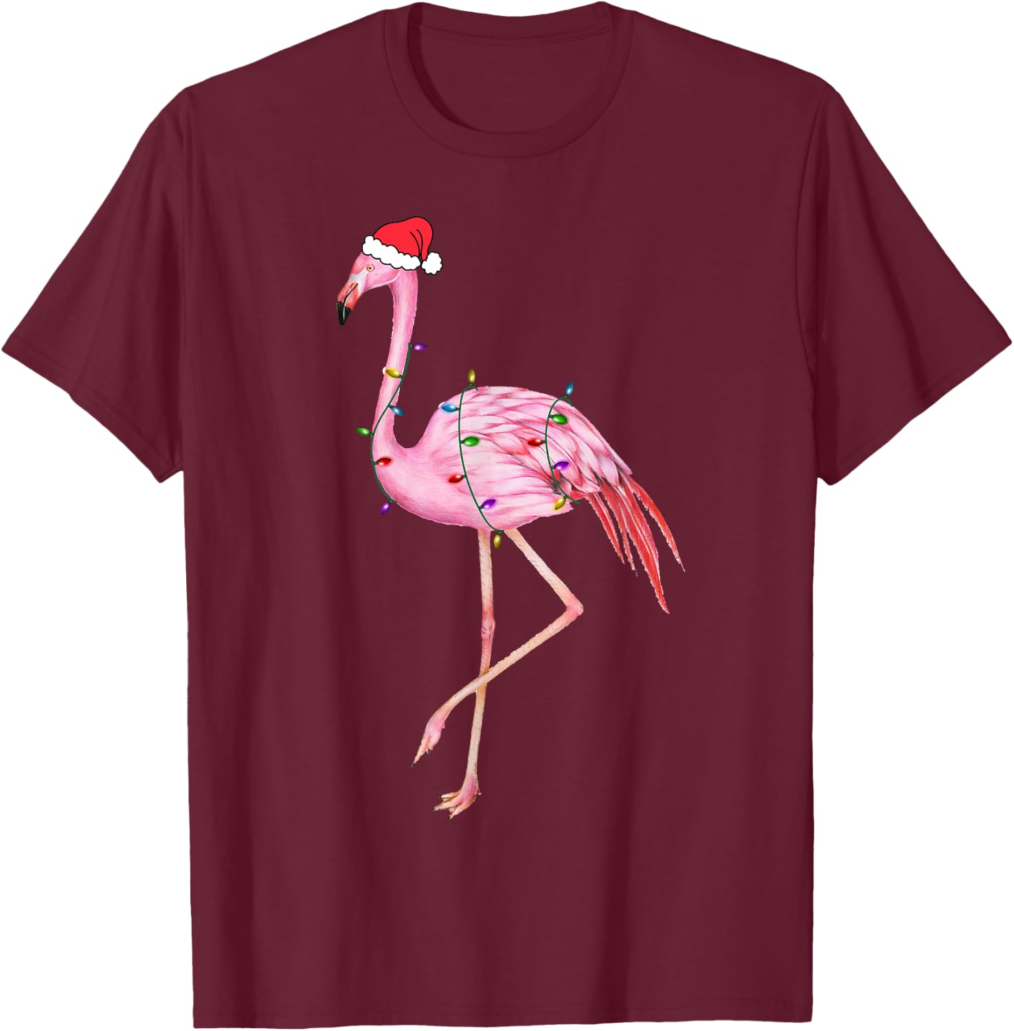 Lighted Flamingo Christmas Tree Lights Xmas Santa Hat Gifts T-Shirt - T-Shirt | Maroon