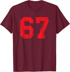 Red Distressed Number 67 T-Shirt - T-Shirt | Maroon