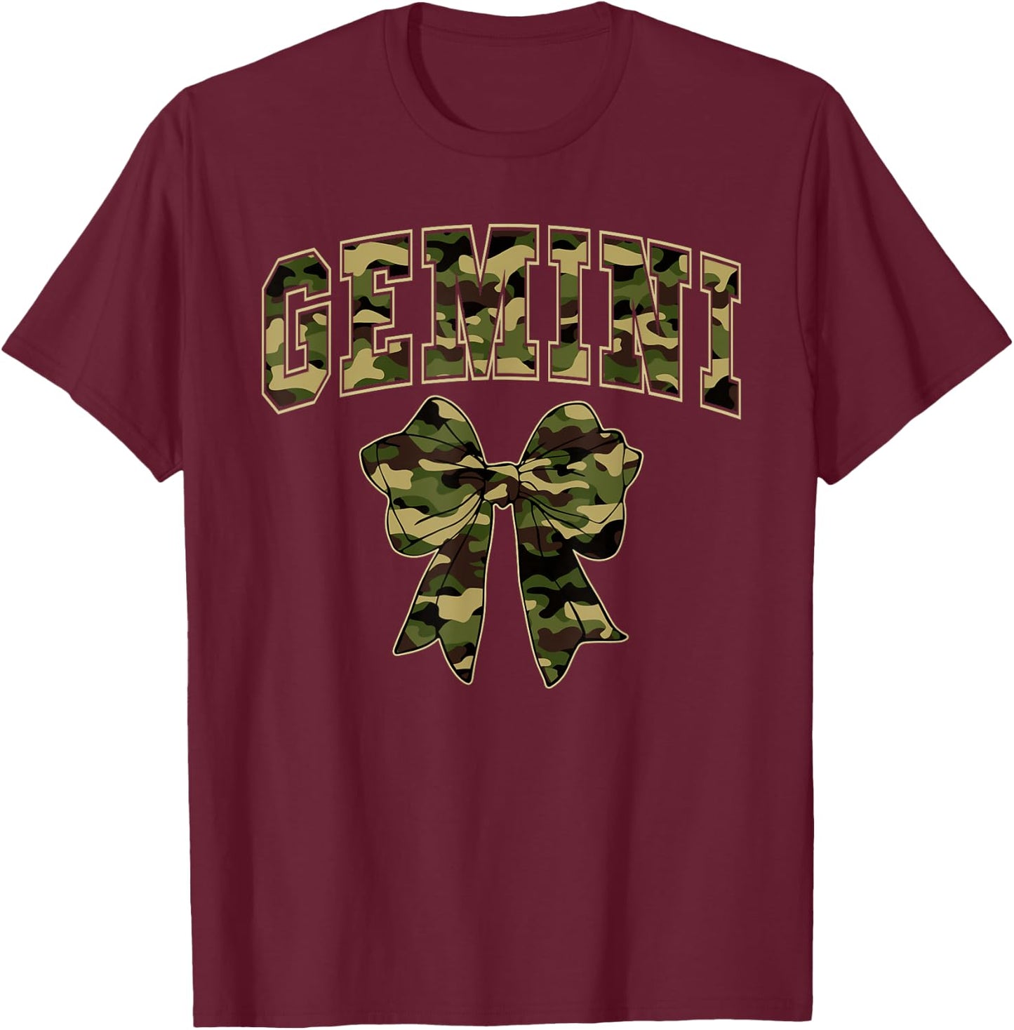 Gemini Camo Camouflage Coquette Bow Birthday Zodiac T-Shirt - T-Shirt | Maroon