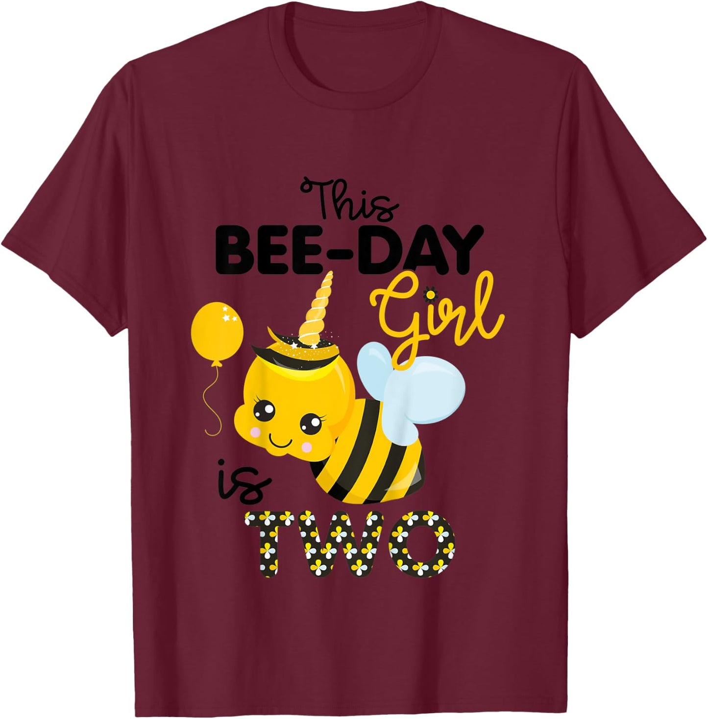 Kids 2nd Birthday Girl Bee Themed 2 Year Old Bday Matching Party T-Shirt - T-Shirt | Maroon