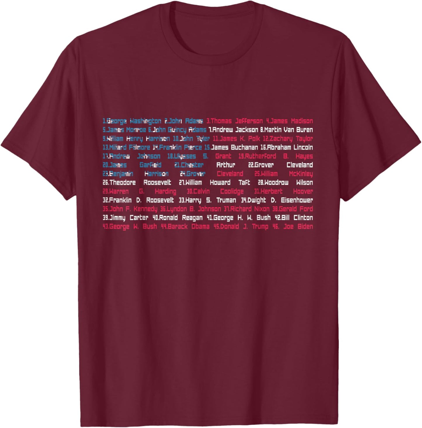 List 46 US Presidents of the United States Fun History Flag T-Shirt - T-Shirt | Maroon
