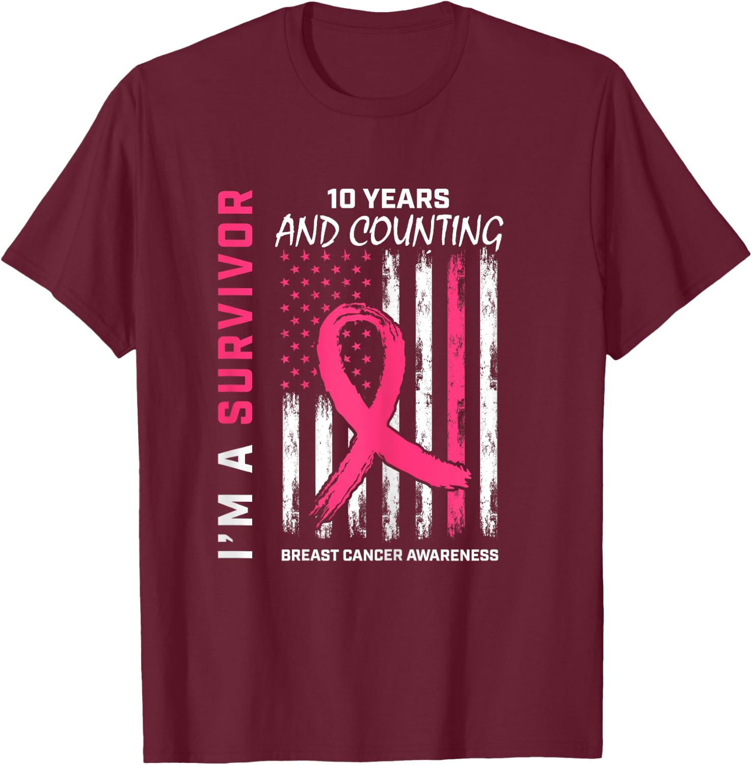 10 Year Survivor Gifts Pink Breast Cancer Free American Flag T-Shirt - T-Shirt | Maroon