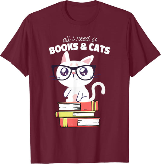 All I need is books & Cats | Books and cats art T-Shirt - T-Shirt | Maroon