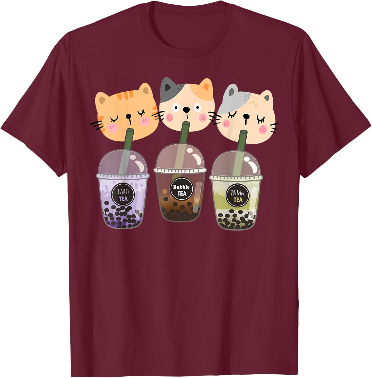 Boba Cat Drinking Boba Kitten Kawaii Japanese Kitty T-Shirt - T-Shirt | Maroon