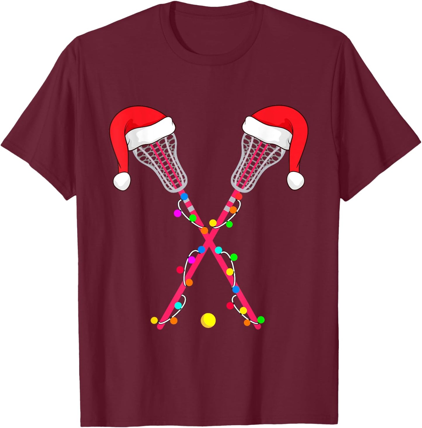 Lacrosse Santa Hat Christmas Lights Funny Sport Xmas Boys T-Shirt - T-Shirt | Maroon