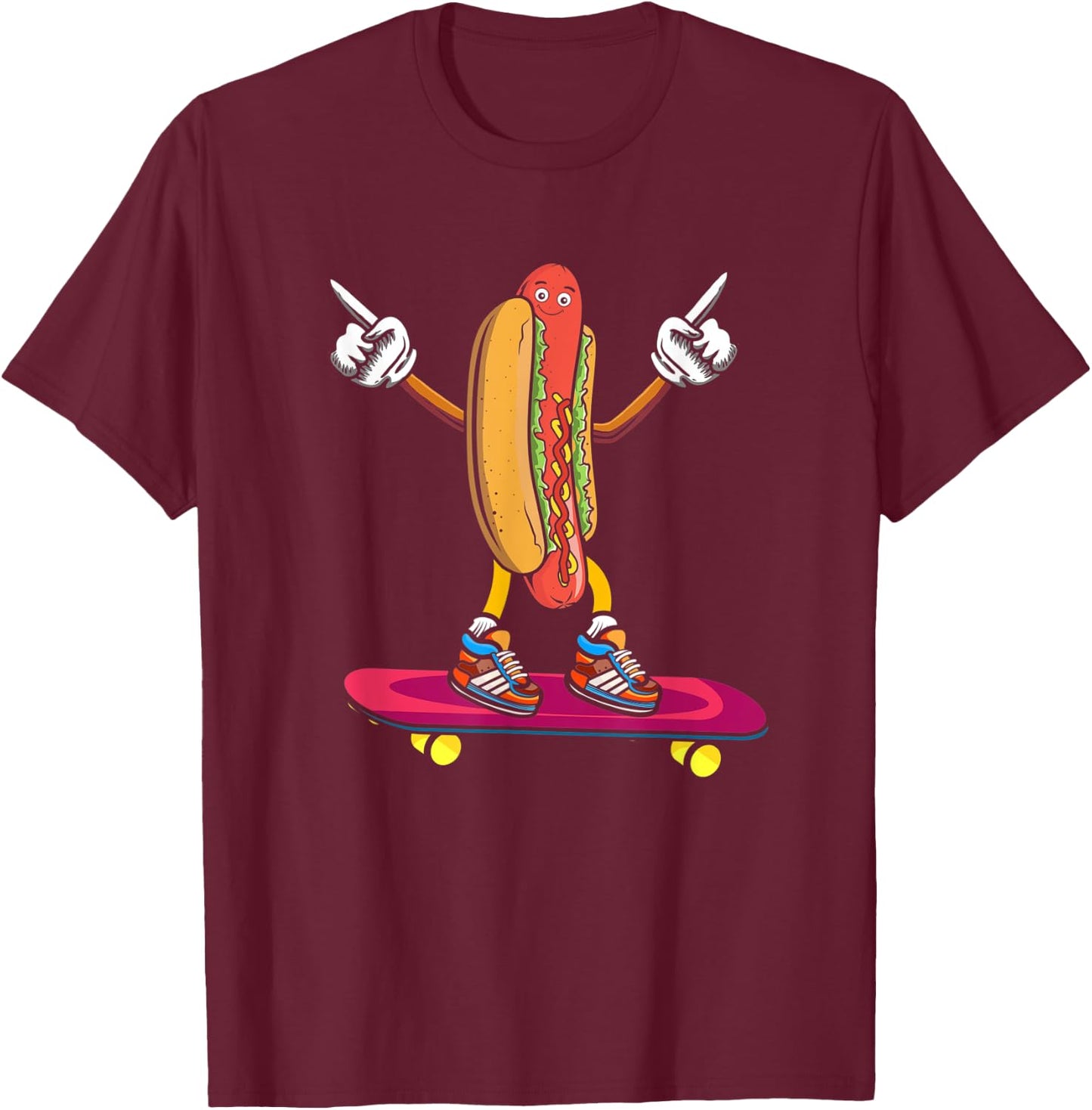 Hot Dog on a Skateboard, Skateboarder Skater Hotdog Foodie T-Shirt - T-Shirt | Maroon