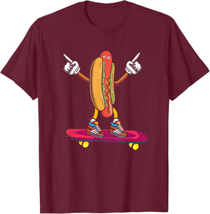 Hot Dog on a Skateboard, Skateboarder Skater Hotdog Foodie T-Shirt - T-Shirt | Maroon