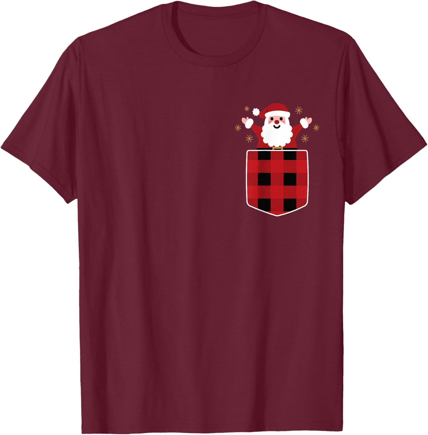 Santa Claus In Red & Black Buffalo Plaid Pocket Christmas T-Shirt - T-Shirt | Maroon