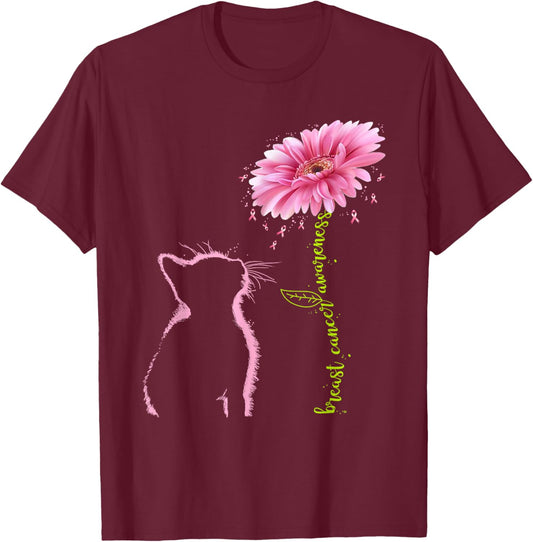 Breast Cancer Awareness Pink Ribbon Daisy Flower Cat Lovers T-Shirt - T-Shirt | Maroon