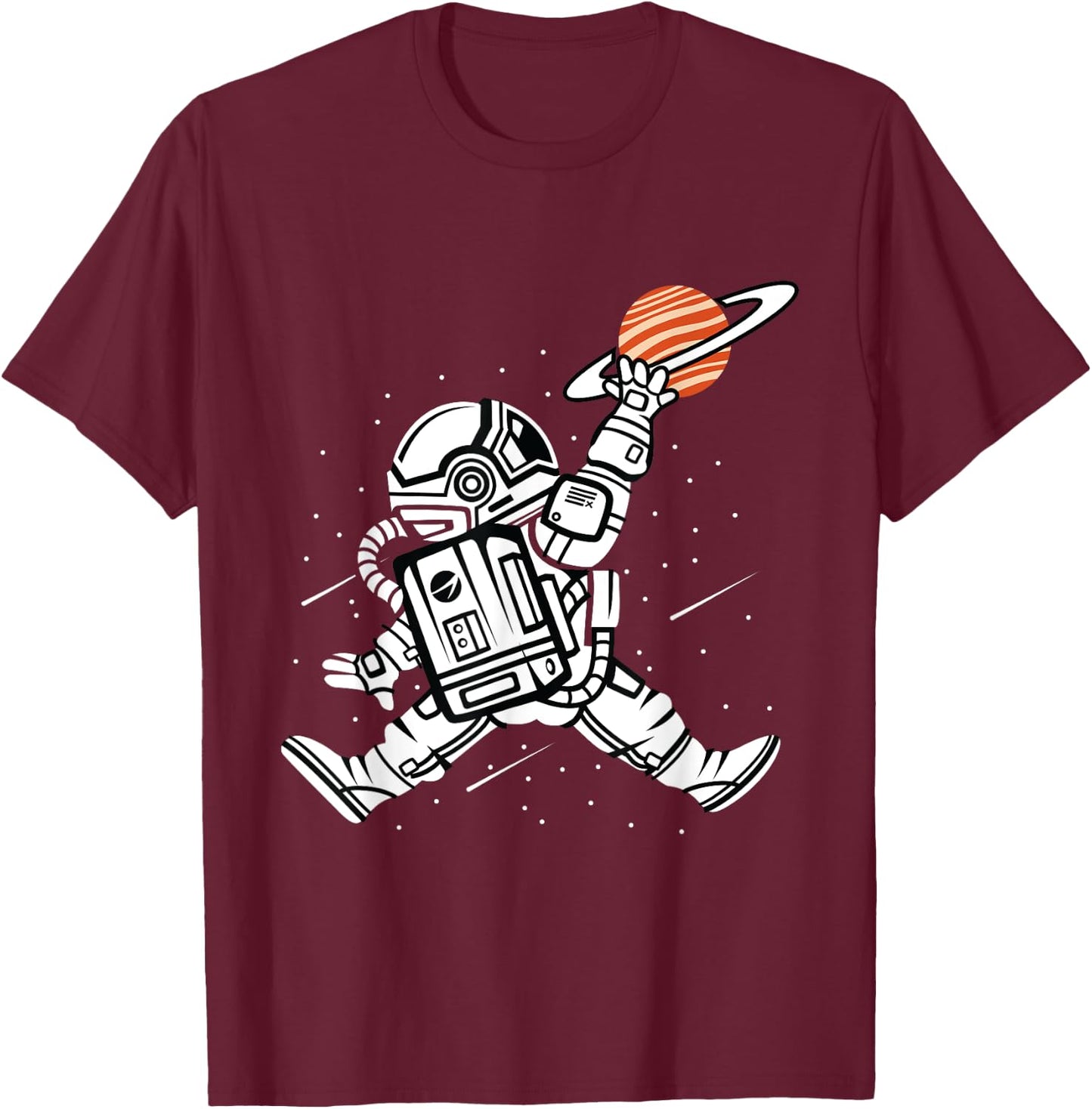 Astronaut Dunking Saturn Basketball in Space T-Shirt - T-Shirt | Maroon