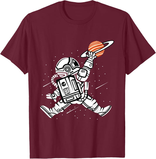 Astronaut Dunking Saturn Basketball in Space T-Shirt - T-Shirt | Maroon