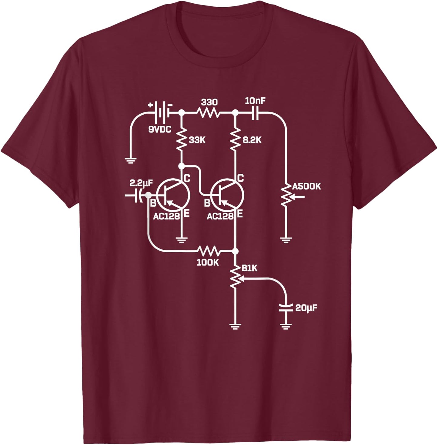 Fuzz Pedal Schematic Circuit Handwired Musician Gift T-Shirt - T-Shirt | Maroon