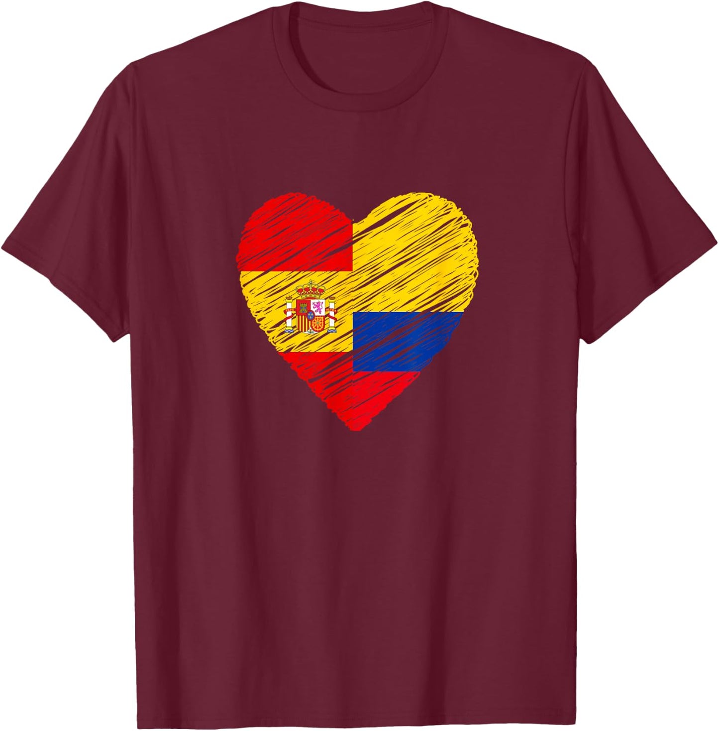 Colombia Spain Heart Spanish Flag Colombian Flag Love Heart T-Shirt - T-Shirt | Maroon