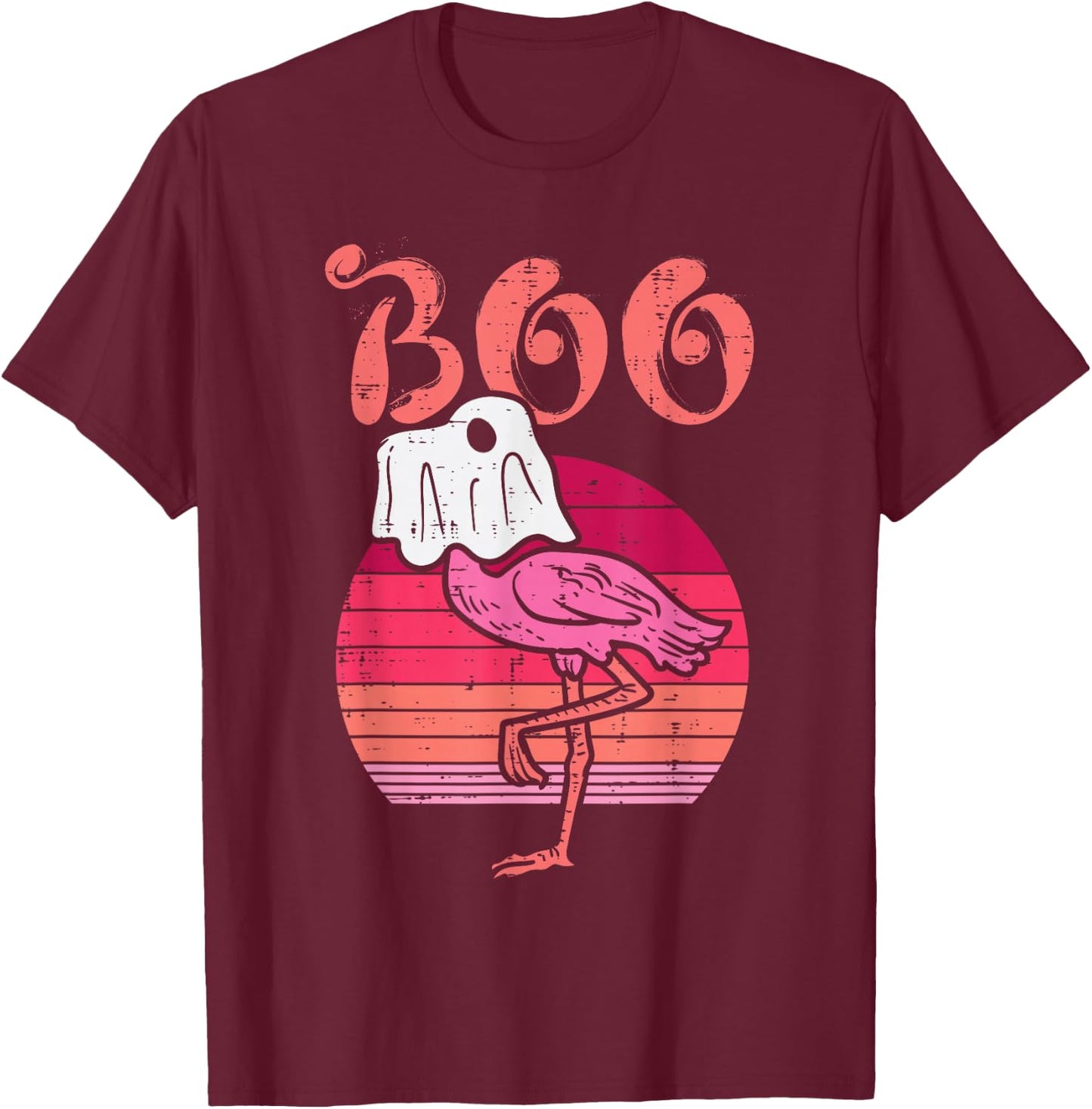 Flamingo Ghost Boo Pink Sunset Retro Halloween Bird Animal T-Shirt - T-Shirt | Maroon
