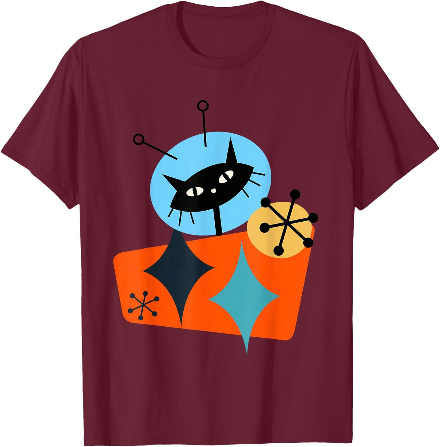 Cat Astronaut Space Retro Atomic Age Mid-Century Modern T-Shirt - T-Shirt | Maroon