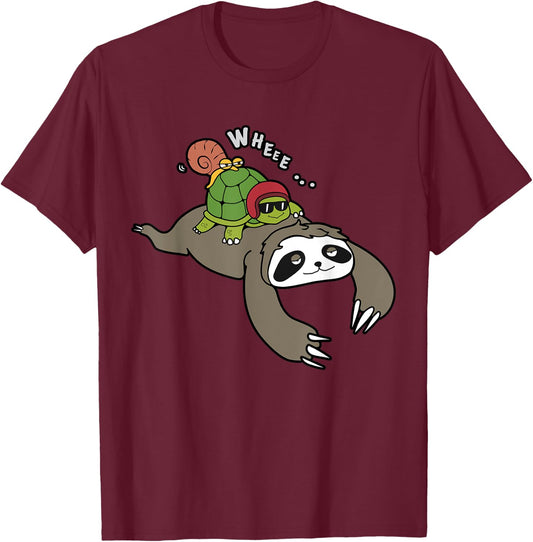 Sloth, Turtle And Snail Piggyback Take It Slow Shirt T-Shirt - T-Shirt | Maroon