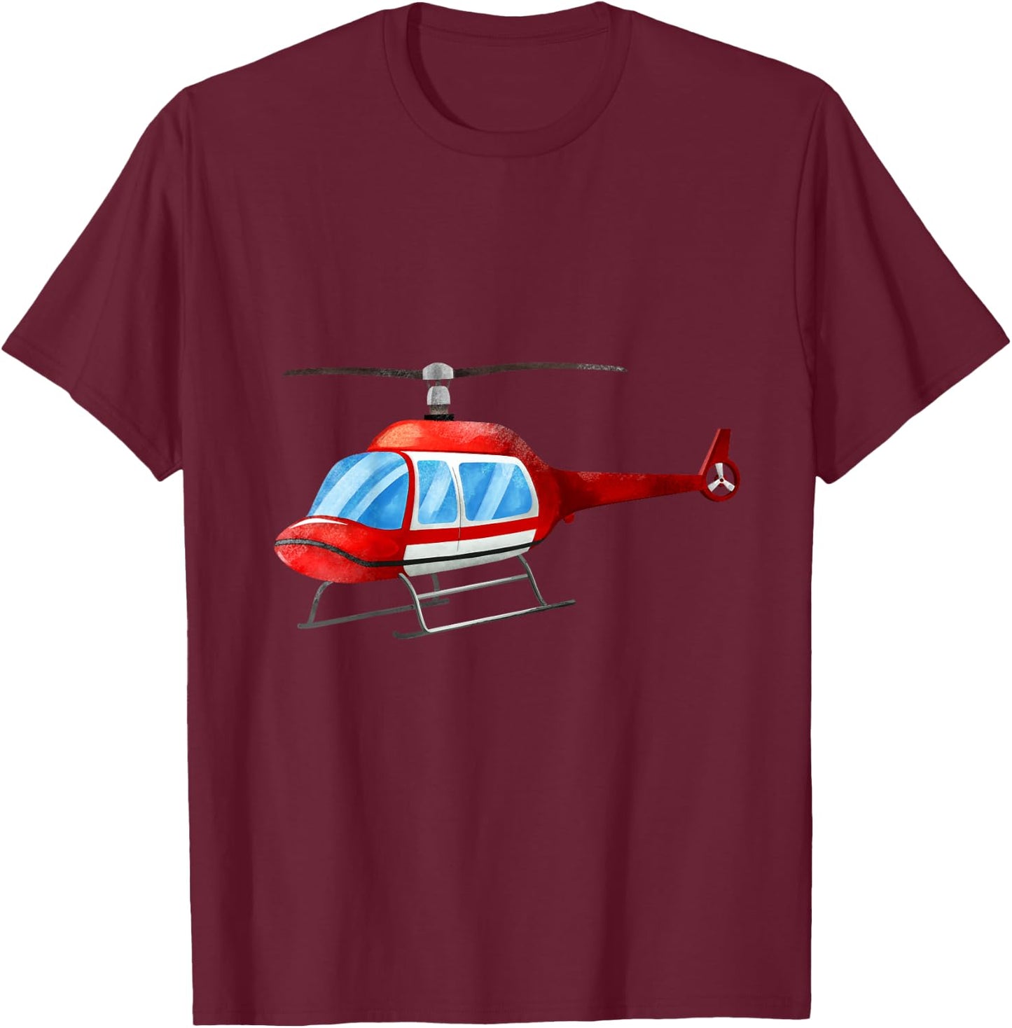 Kids Watercolor Red Helicopter Plane Construction T-Shirt - T-Shirt | Maroon