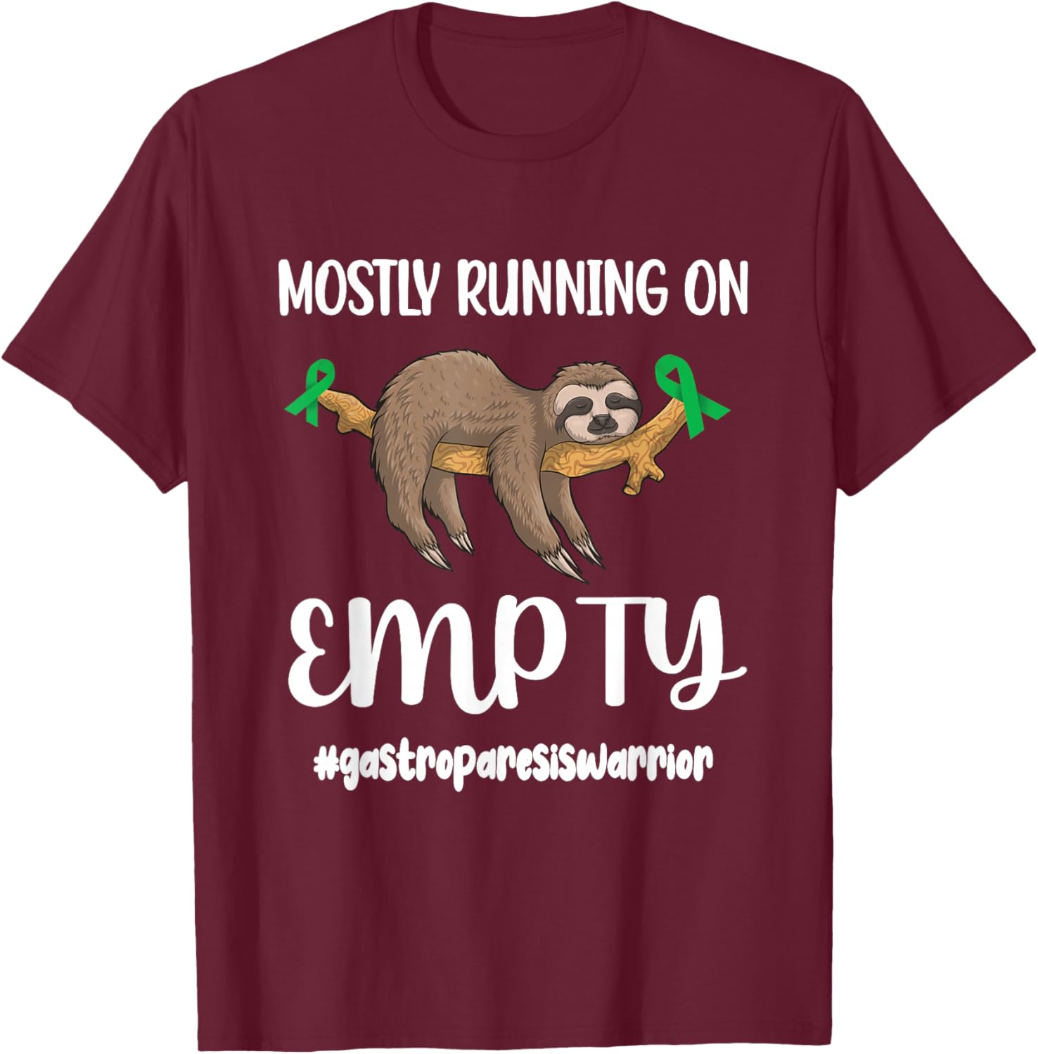 Gastroparesis Warrior Sloth | Green Ribbon Stomach Paralysis T-Shirt - T-Shirt | Maroon