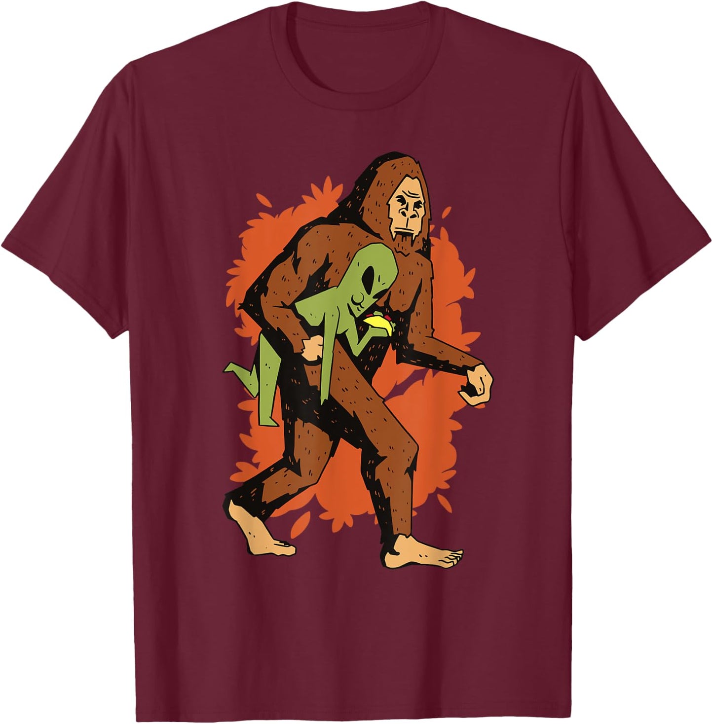 Funny Bigfoot Carrying Alien Eating Taco! Sasquatch Aliens T-Shirt - T-Shirt | Maroon
