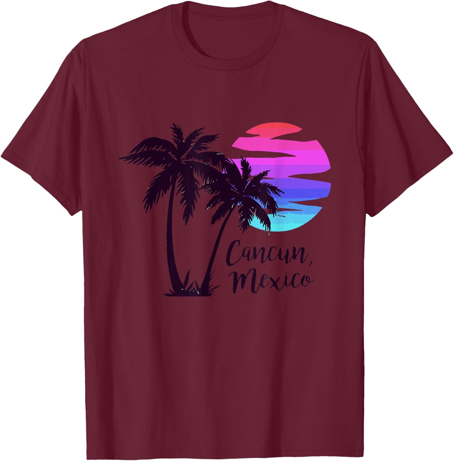 Cancun Mexico Beach Summer Vacation Palm Trees Sunset T-Shirt - T-Shirt | Maroon