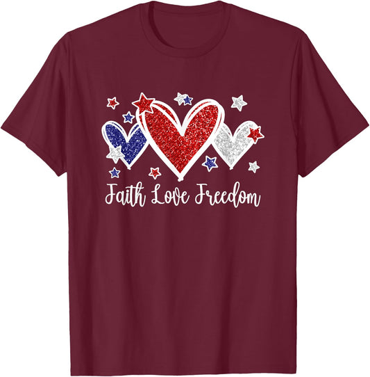 Faith Love Freedom Patriotic American Flag Hearts T-Shirt - T-Shirt | Maroon