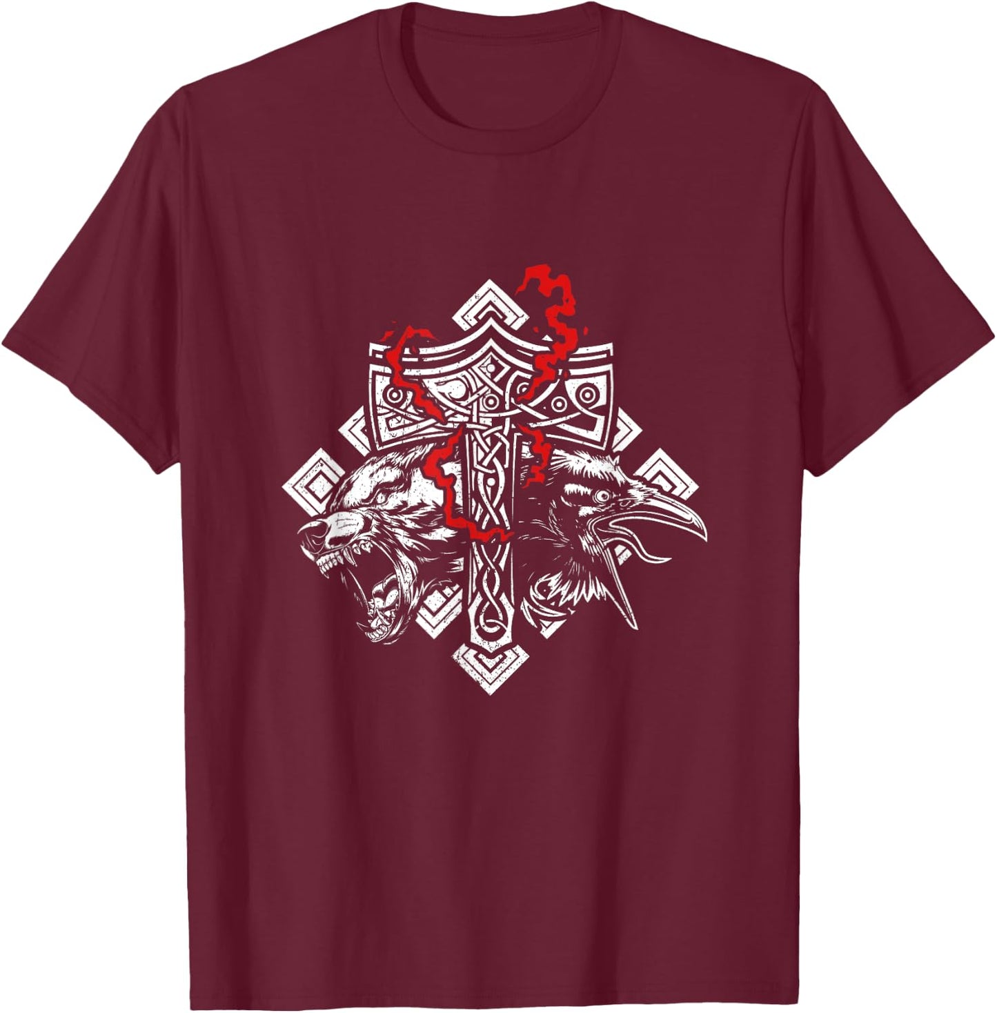 Thor Hammer Mjolnir Rune Protection Odin Raven Viking T-Shirt - T-Shirt | Maroon