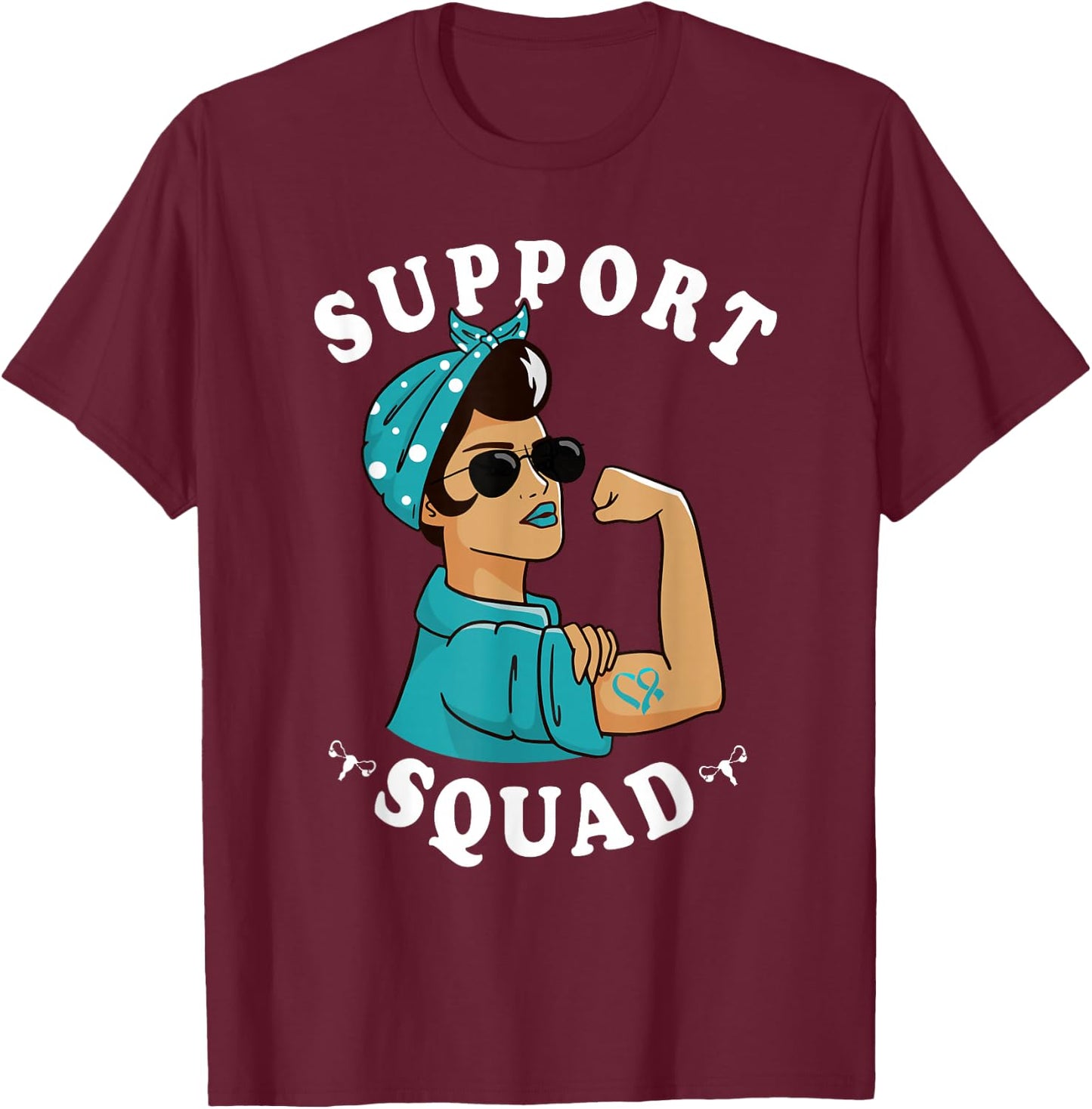 "Support Squad" Teal Ribbon Bandana Women Ovarian Cancer T-Shirt - T-Shirt | Maroon