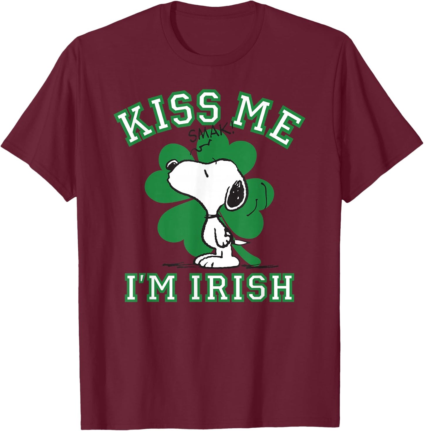 Peanuts Snoopy Kiss Me I'm Irish Clover T-Shirt - T-Shirt | Maroon