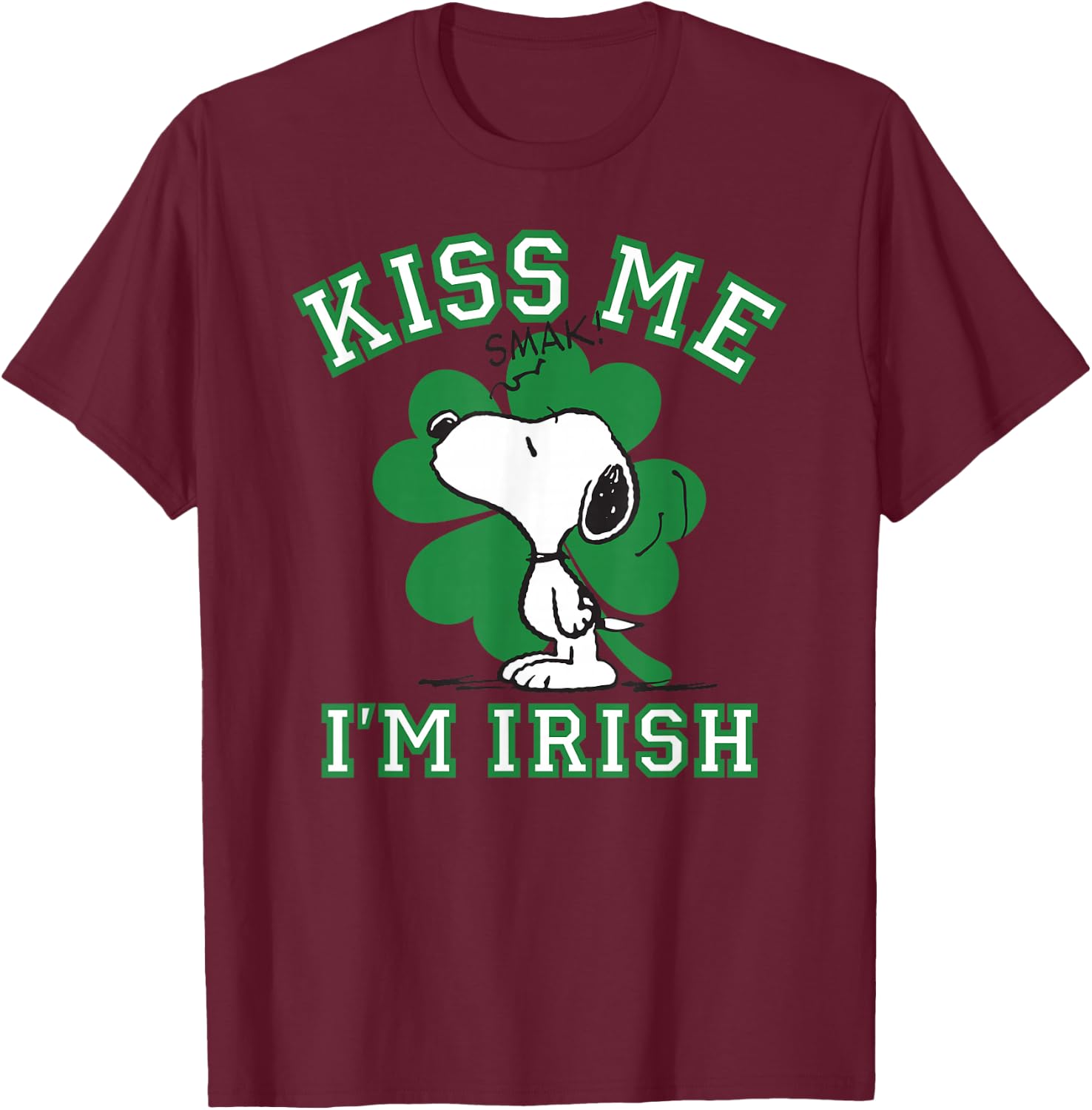 Peanuts Snoopy Kiss Me I'm Irish Clover T-Shirt - T-Shirt | Maroon