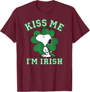 Peanuts Snoopy Kiss Me I'm Irish Clover T-Shirt - T-Shirt | Maroon